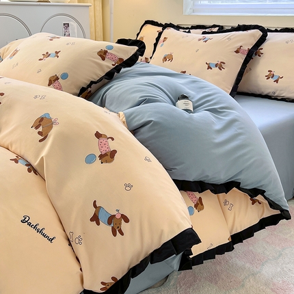 91家纺网 家纺一手货源 找家纺 （总）曼璐家纺 2025新款有氧水洗棉赫本风法式黑色花边单被套