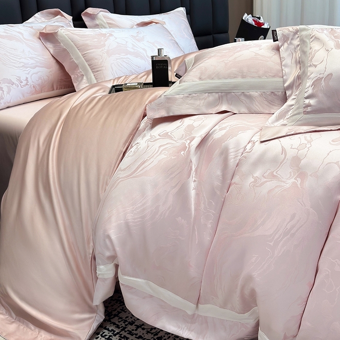 91家纺网 家纺一手货源 找家纺 2025新品床上用品高端A类100支天丝棉贡缎提花四件套全棉纯棉长绒棉夏季轻奢真丝全工艺 南溪-伊莎粉