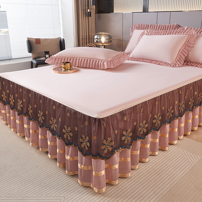 91家纺网 家纺一手货源 找家纺 情恒家纺 2025新款纯色可拆卸PE海洋丝床裙席三件套 密语粉