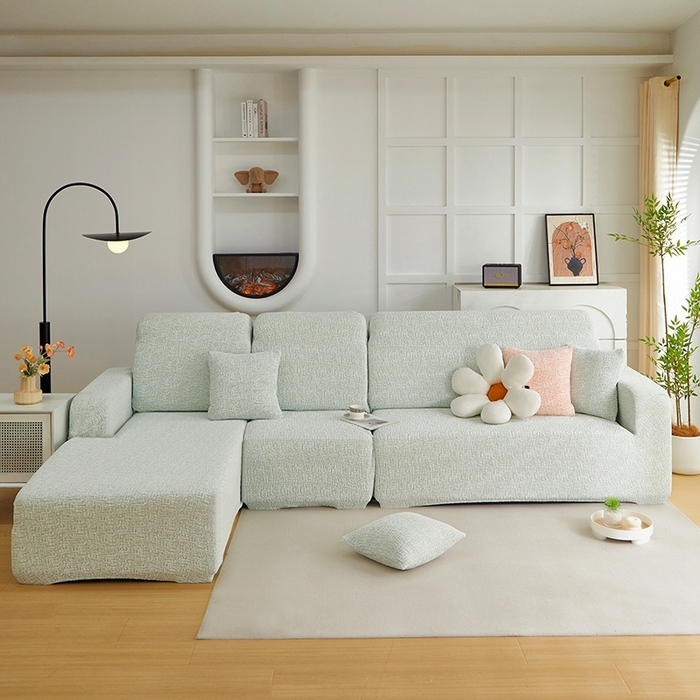 91家纺网 家纺一手货源 找家纺 丝绮鹿 2025新款竹节雪尼尔沙发套松紧款（贵妃图） 薄荷绿