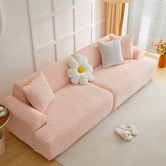 91家纺网 家纺一手货源 找家纺 丝绮鹿 2025新款竹节雪尼尔沙发套松紧款（大三人图）  奶油橘