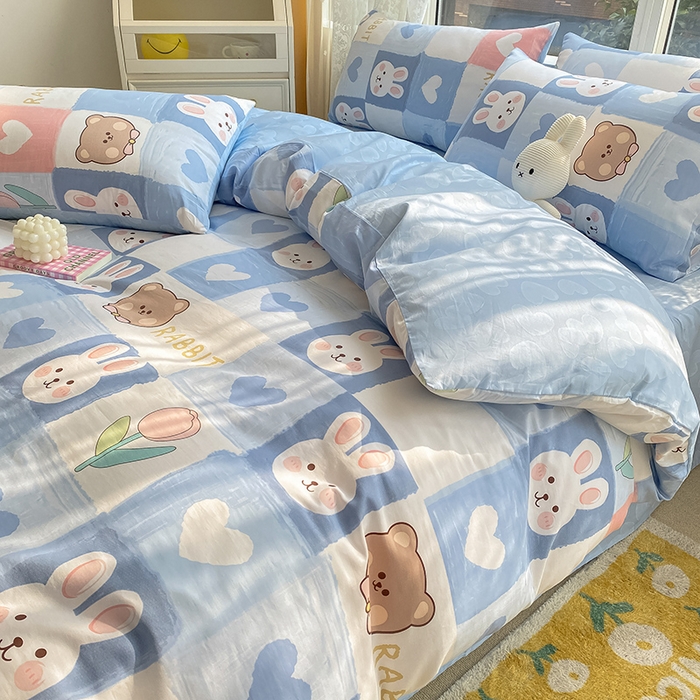 91家纺网 家纺一手货源 找家纺 琪格格 2025春夏新款全棉纯棉40S13372小清新四件套 白兔与熊