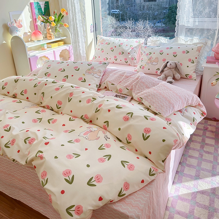 91家纺网 家纺一手货源 找家纺 琪格格 2025春夏新款全棉纯棉40S13372小清新四件套 小粉兔