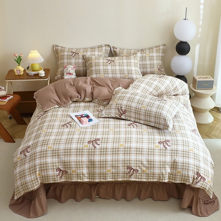 一比一家纺 2025新款云感皱皱双层纱床盖四件套 甜心奶泡