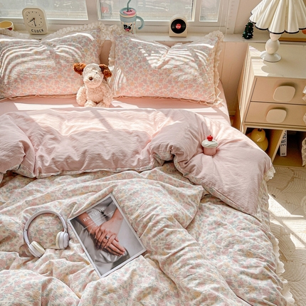 （总）2025新款云感木棉皱皱双层纱全棉花边四件套