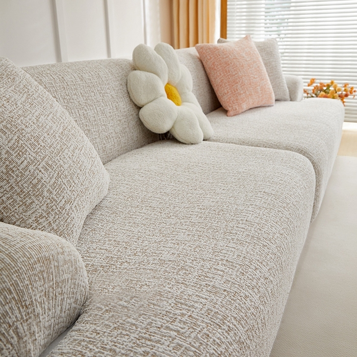 91家纺网 家纺一手货源 找家纺 丝绮鹿 2025新款竹节雪尼尔沙发套松紧款（大三人图）  温柔咖