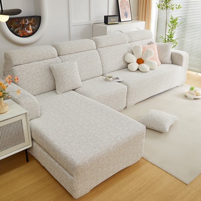 91家纺网 家纺一手货源 找家纺 丝绮鹿 2025新款竹节雪尼尔沙发套松紧款（贵妃图） 温柔咖