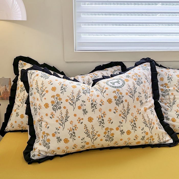 91家纺网 家纺一手货源 找家纺 曼璐家纺 2025新款有氧水洗棉赫本风法式黑色花边四件套 假日-橘