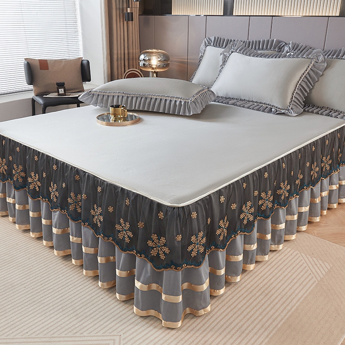 91家纺网 家纺一手货源 找家纺 情恒家纺 2025新款纯色可拆卸PE海洋丝床裙席三件套 绅士灰