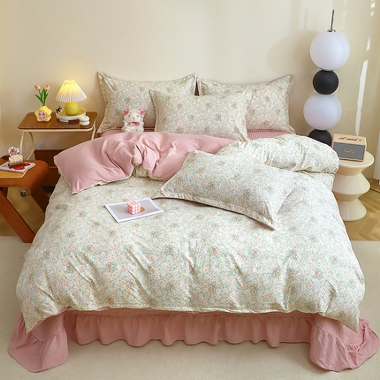 一比一家纺 2025新款云感皱皱双层纱床盖四件套 花束-绿
