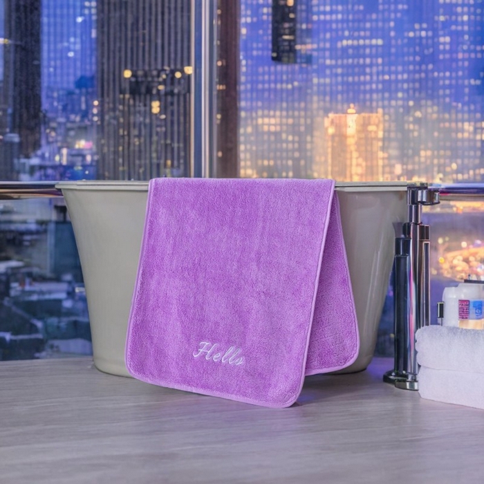 91家纺网 家纺一手货源 找家纺 彩虹毛巾2025新款Hello珊瑚绒毛巾浴巾两件套跨境加厚吸水毛巾浴巾套装 35*75cm毛巾一条-紫色