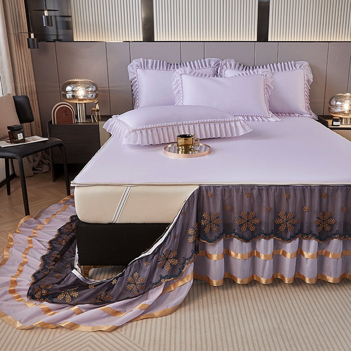 91家纺网 家纺一手货源 找家纺 情恒家纺 2025新款纯色可拆卸PE海洋丝床裙席三件套 优雅紫