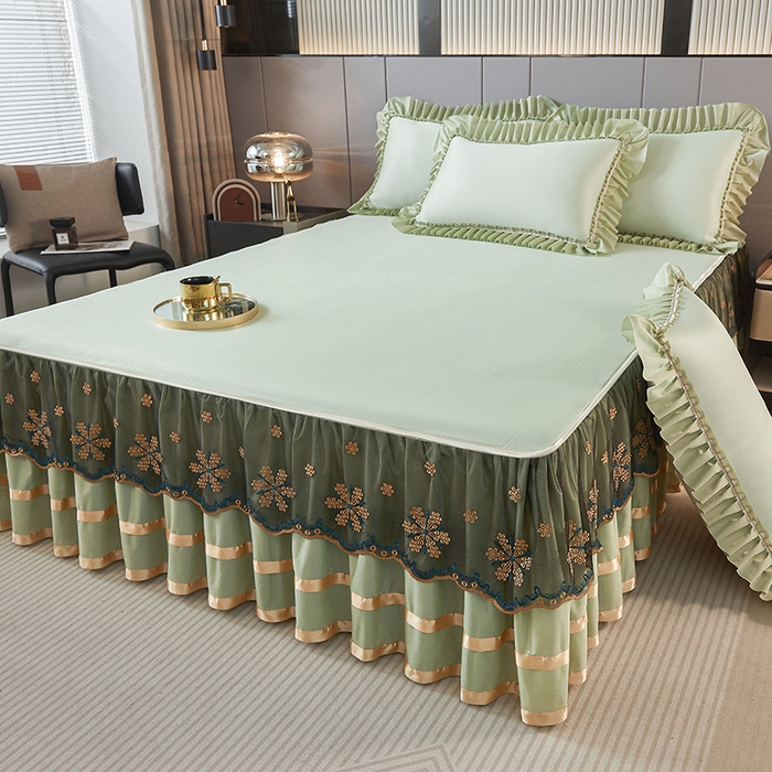 91家纺网 家纺一手货源 找家纺 （总）情恒家纺 2025新款纯色可拆卸PE海洋丝床裙席三件套