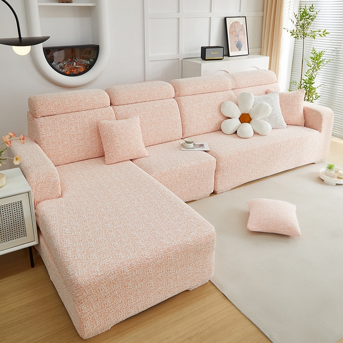 91家纺网 家纺一手货源 找家纺 丝绮鹿 2025新款竹节雪尼尔沙发套松紧款（贵妃图） 奶油橘