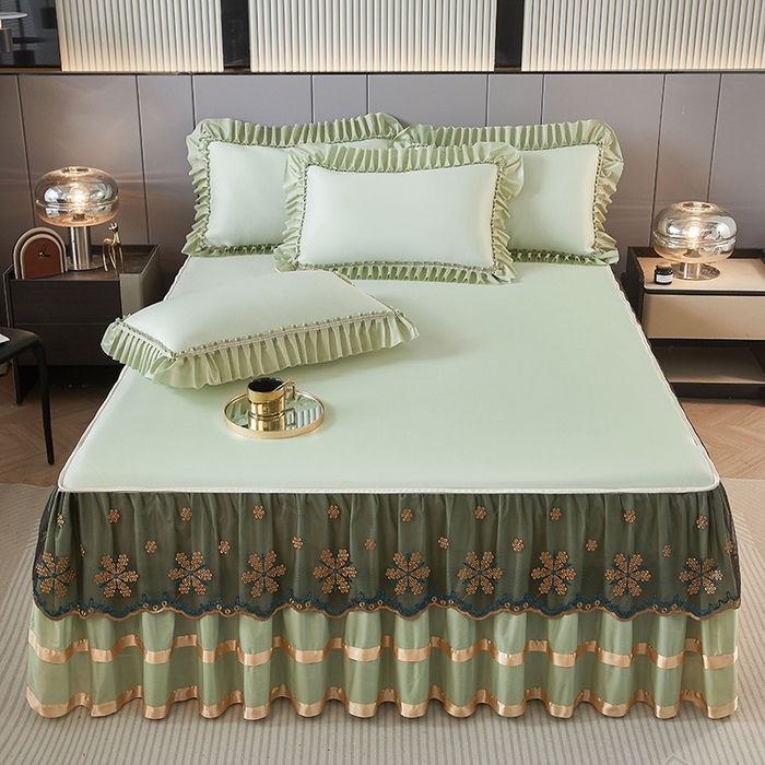 91家纺网 家纺一手货源 找家纺 情恒家纺 2025新款纯色可拆卸PE海洋丝床裙席三件套 薄荷绿