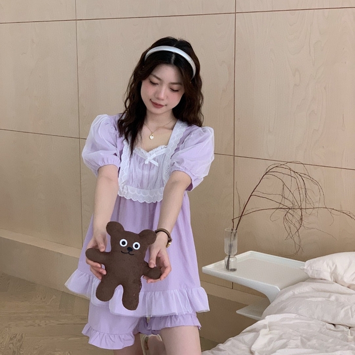 91家纺网 家纺一手货源 找家纺 2025新款韩系蕾丝花边方领套装-82967 香芋紫