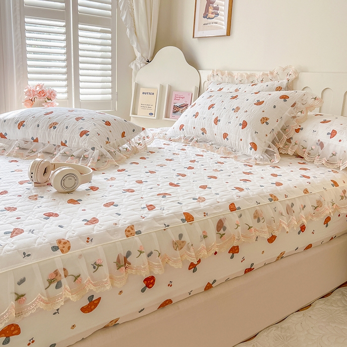 91家纺网 家纺一手货源 找家纺 麒豆豆 2025新款水洗棉印花床笠三件套 蘑菇乐园