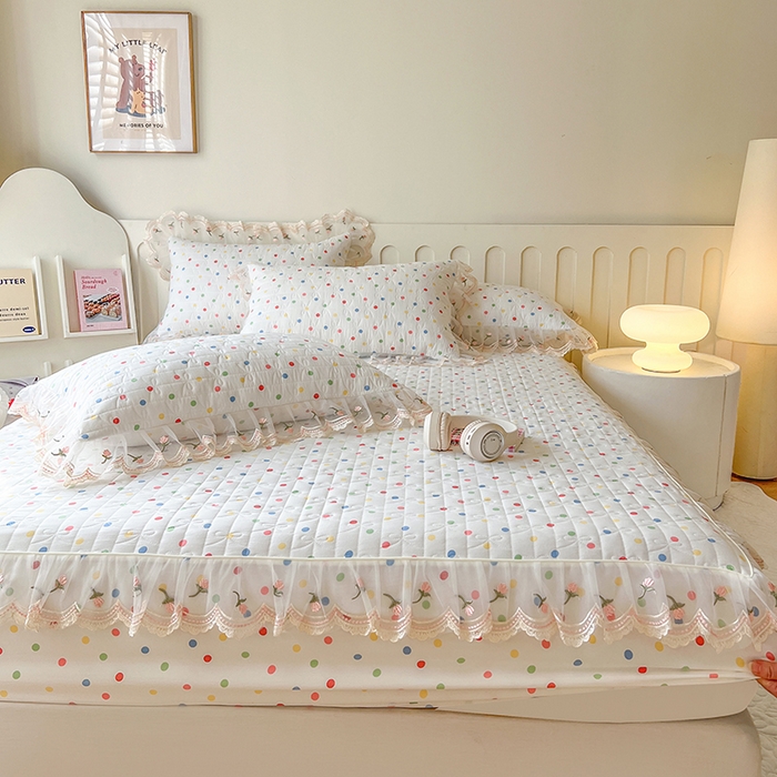 91家纺网 家纺一手货源 找家纺 麒豆豆 2025新款水洗棉印花床笠三件套 奶油波点