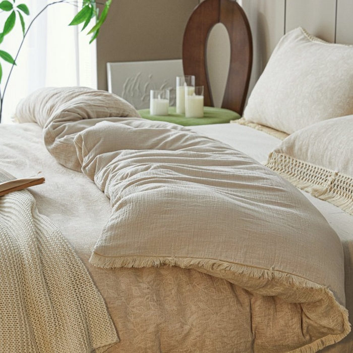 91家纺网 家纺一手货源 找家纺 鲁爱家纺供货 2025新款棉麻流苏款四件套 棉麻小花