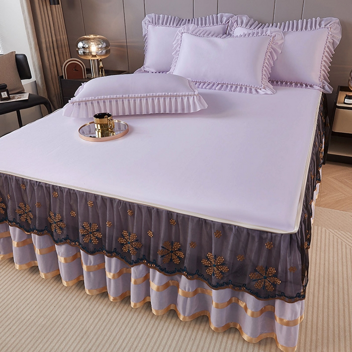 91家纺网 家纺一手货源 找家纺 情恒家纺 2025新款纯色可拆卸PE海洋丝床裙席三件套 优雅紫