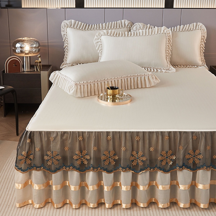 91家纺网 家纺一手货源 找家纺 情恒家纺 2025新款纯色可拆卸PE海洋丝床裙席三件套 奶咖