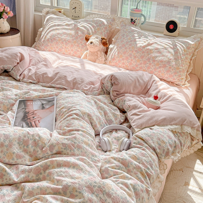 91家纺网 家纺一手货源 找家纺 （总）2025新款云感木棉皱皱双层纱全棉花边四件套