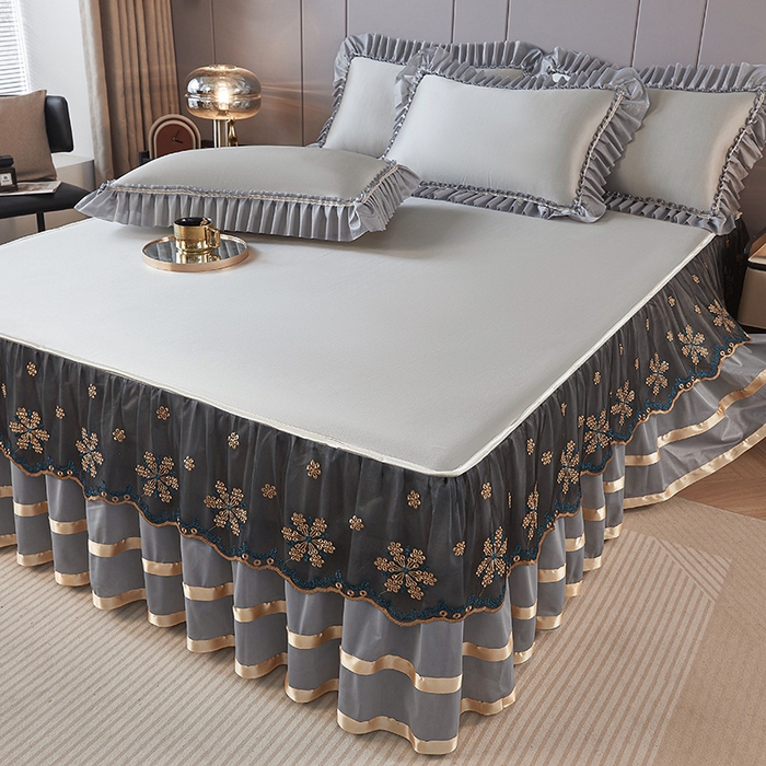 91家纺网 家纺一手货源 找家纺 情恒家纺 2025新款纯色可拆卸PE海洋丝床裙席三件套 绅士灰