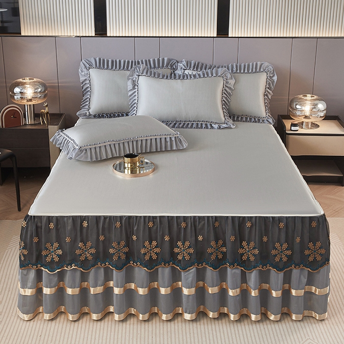 91家纺网 家纺一手货源 找家纺 情恒家纺 2025新款纯色可拆卸PE海洋丝床裙席三件套 绅士灰