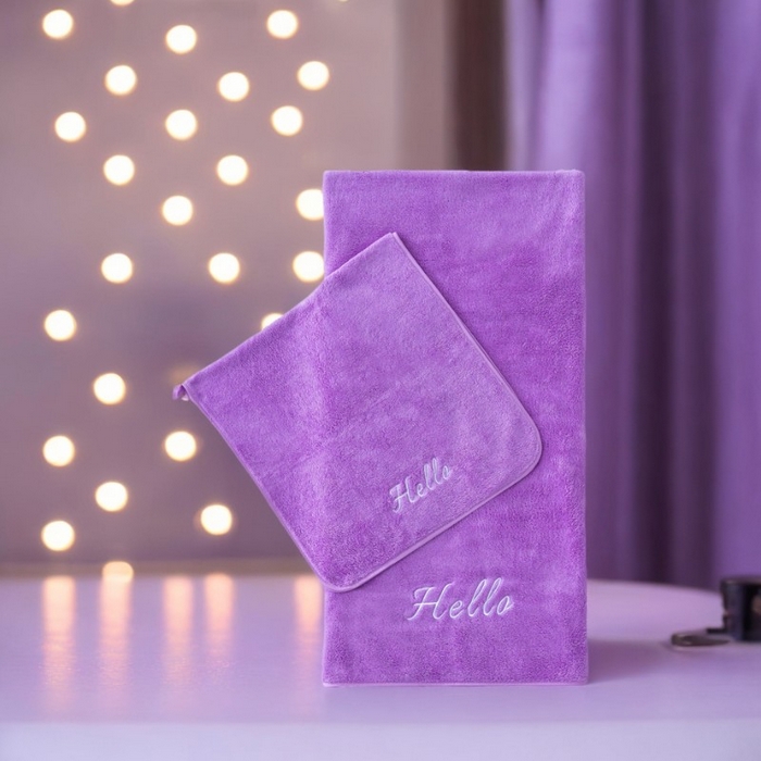 91家纺网 家纺一手货源 找家纺 彩虹毛巾2025新款Hello珊瑚绒毛巾浴巾两件套跨境加厚吸水毛巾浴巾套装 1条浴巾+1条毛巾-紫色