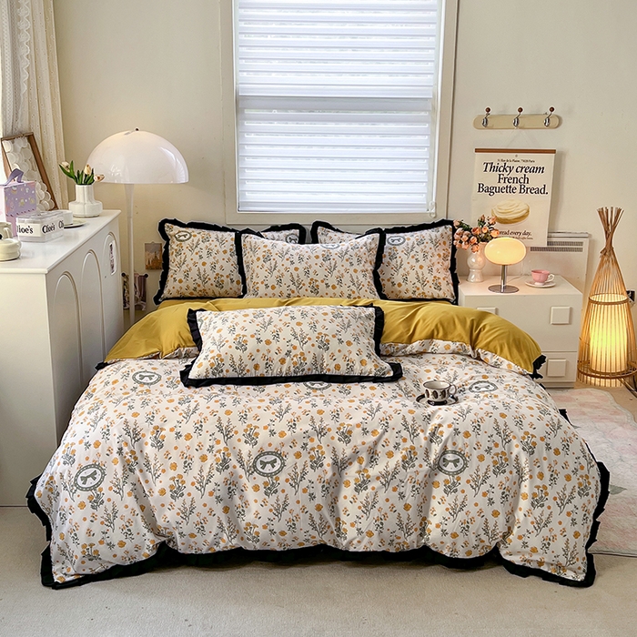 91家纺网 家纺一手货源 找家纺 曼璐家纺 2025新款有氧水洗棉赫本风法式黑色花边四件套 假日-橘