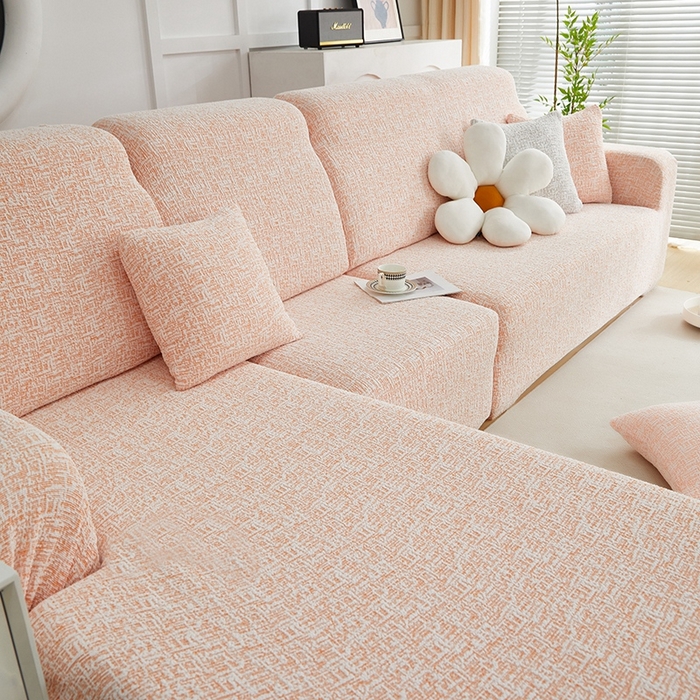 91家纺网 家纺一手货源 找家纺 丝绮鹿 2025新款竹节雪尼尔沙发套松紧款（贵妃图） 奶油橘
