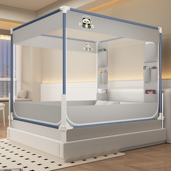 91家纺网 家纺一手货源 找家纺 无瑕家居 2025新款高级围栏家用卧室加粗儿童防止掉床超大空间免安装坐床蚊帐围栏款蚊帐储物围栏蚊帐系列 灰色小熊猫
