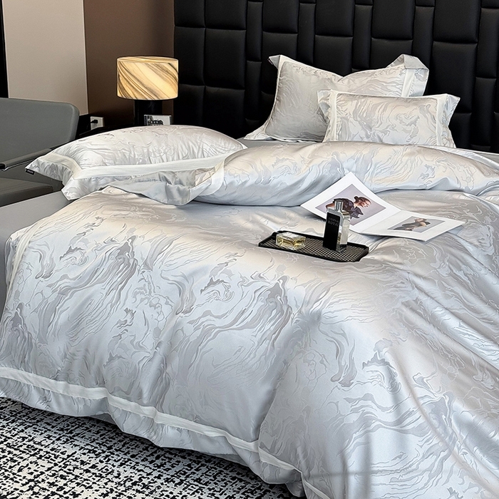 91家纺网 家纺一手货源 找家纺 2025新品床上用品高端A类100支天丝棉贡缎提花四件套全棉纯棉长绒棉夏季轻奢真丝全工艺 南溪-银衫灰