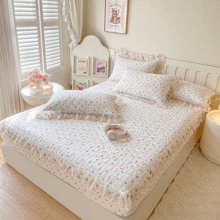 麒豆豆 2025新款水洗棉印花床笠三件套 奶油波点