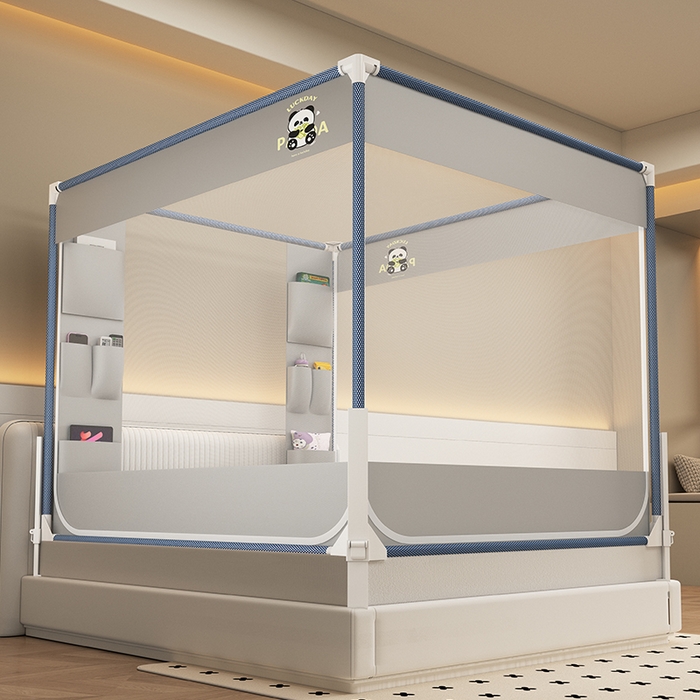 91家纺网 家纺一手货源 找家纺 无瑕家居 2025新款高级围栏家用卧室加粗儿童防止掉床超大空间免安装坐床蚊帐围栏款蚊帐储物围栏蚊帐系列 灰色小熊猫