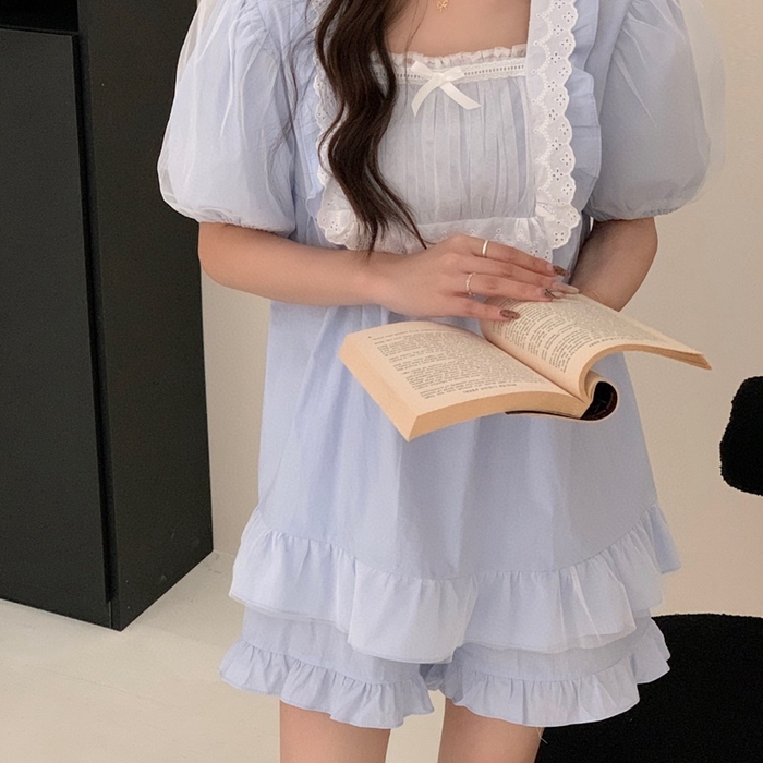 91家纺网 家纺一手货源 找家纺 2025新款韩系蕾丝花边方领套装-82967 天蓝色