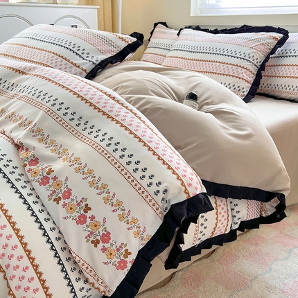 91家纺网 家纺一手货源 找家纺 （总）曼璐家纺 2025新款有氧水洗棉赫本风法式黑色花边单被套