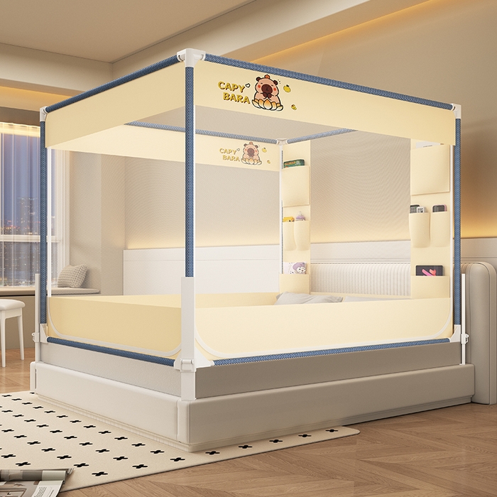 91家纺网 家纺一手货源 找家纺 无瑕家居 2025新款高级围栏家用卧室加粗儿童防止掉床超大空间免安装坐床蚊帐围栏款蚊帐储物围栏蚊帐系列 卡皮巴拉黄