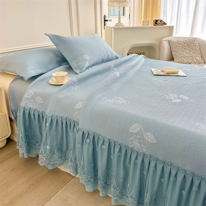 91家纺网 家纺一手货源 找家纺 恒爱   2025新款冰丝牡丹花床盖 蓝灰