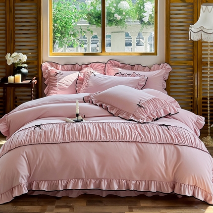 2025秋冬新款A类母婴级法式风忆棉床裙床笠四件套 琉眠-芭蕾粉