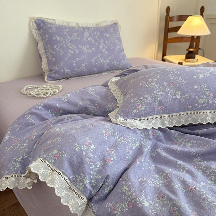 91家纺网 家纺一手货源 找家纺 一霖家纺 2025新款云感双层纱花边款四件套 紫韵