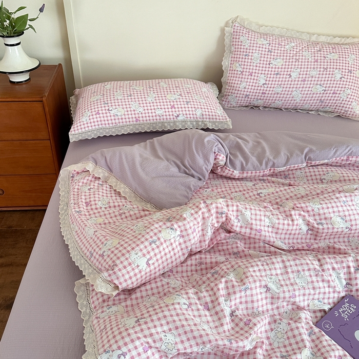 91家纺网 家纺一手货源 找家纺 一霖家纺 2025新款云感双层纱花边款四件套 粉色小猫