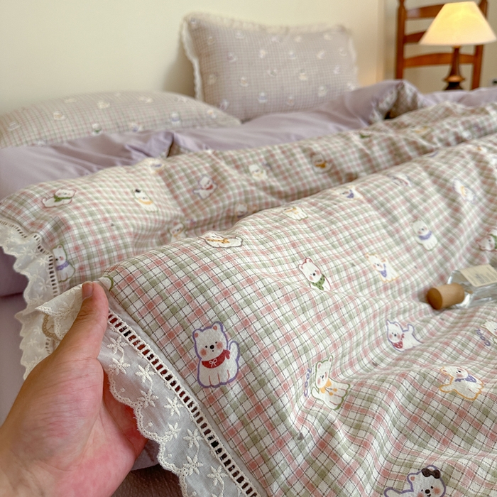 91家纺网 家纺一手货源 找家纺 一霖家纺 2025新款云感双层纱花边款四件套 西高地