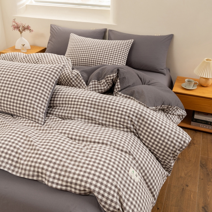 91家纺网 家纺一手货源 找家纺 居美良品 2025新款100%全棉色织水洗棉四件套 灰小格