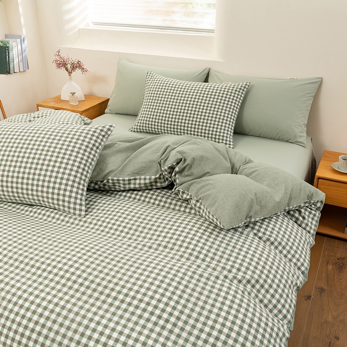 91家纺网 家纺一手货源 找家纺 居美良品 2025新款100%全棉色织水洗棉四件套 绿小格