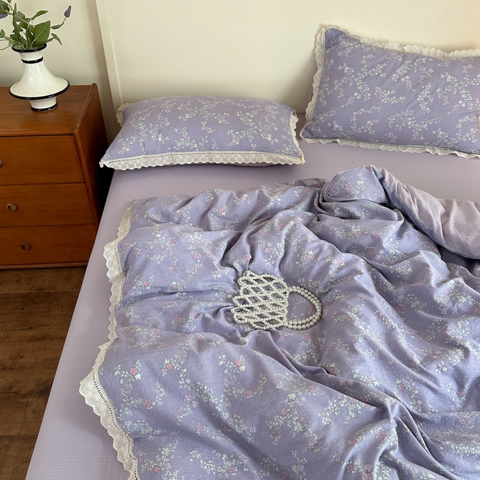 91家纺网 家纺一手货源 找家纺 一霖家纺 2025新款云感双层纱花边款四件套 紫韵