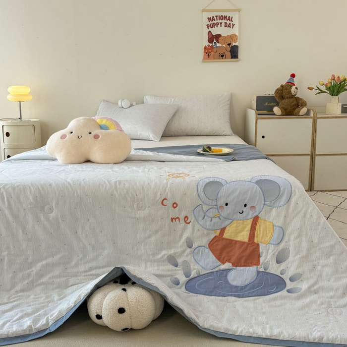 91家纺网 家纺一手货源 找家纺 鸣升家纺  2025新款精梳全棉纯棉绣花夏被夏凉被空调被 俏皮象