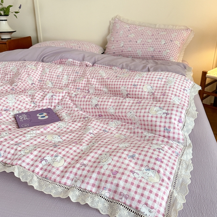 91家纺网 家纺一手货源 找家纺 一霖家纺 2025新款云感双层纱花边款四件套 粉色小猫