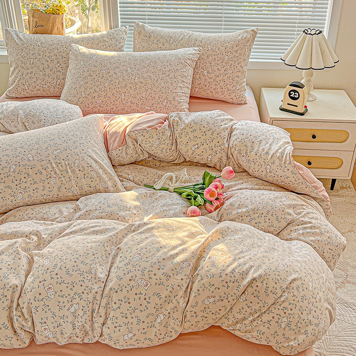 91家纺网 家纺一手货源 找家纺 2025水洗棉双层纱简约风ins风小碎花被套床单款床笠款三四件套-单被套