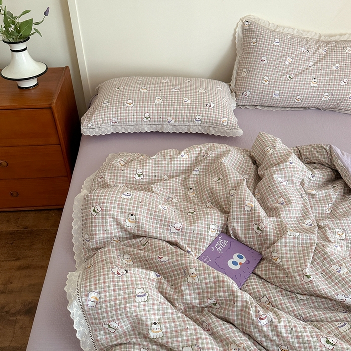 91家纺网 家纺一手货源 找家纺 一霖家纺 2025新款云感双层纱花边款四件套 西高地